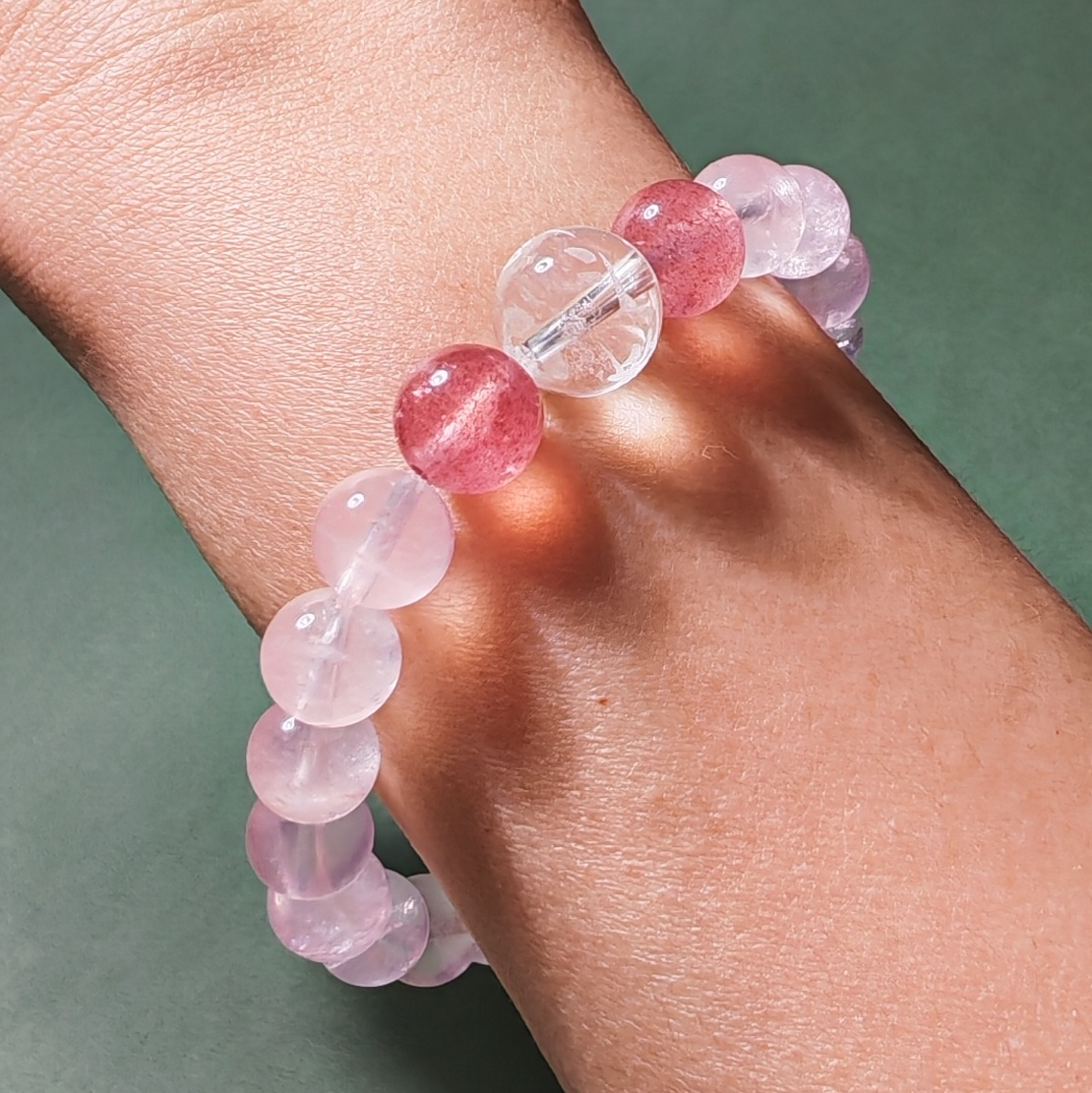 Love & Harmony Bracelet — Rose & Strawberry Quartz with Daoist He He Talisman - Healing Crystwinity