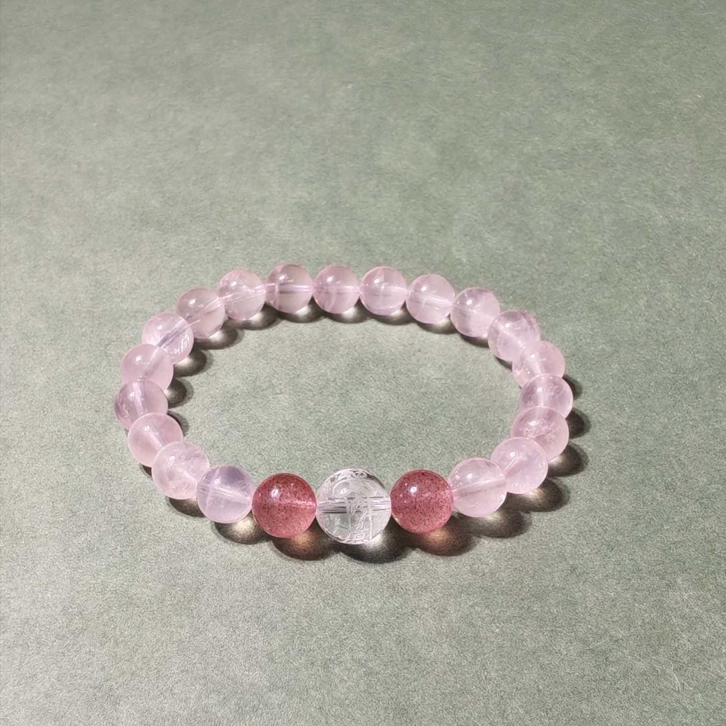 Love & Harmony Bracelet — Rose & Strawberry Quartz with Daoist He He Talisman - Healing Crystwinity