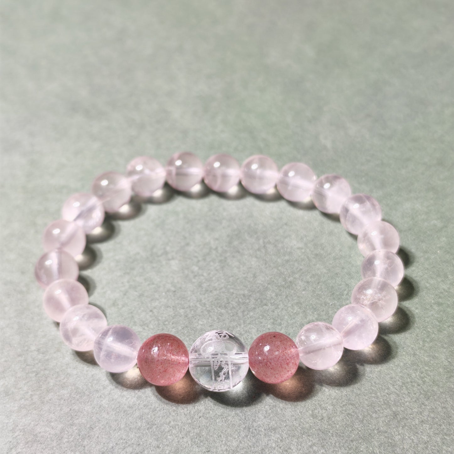 Love & Harmony Bracelet — Rose & Strawberry Quartz with Daoist He He Talisman - Healing Crystwinity